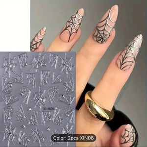 2pcs Halloween Spider Web Nail Art Stickers - 3D Silvery Glitter Cobweb